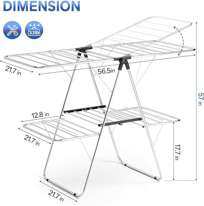 APEXCHASER Clothes Drying Rack, Foldable 2-Level Drying Rack Clothing, Stainless Steel Free-Standing Laundry Airer, with Height-Adjustable 4 Wings, Matte Black