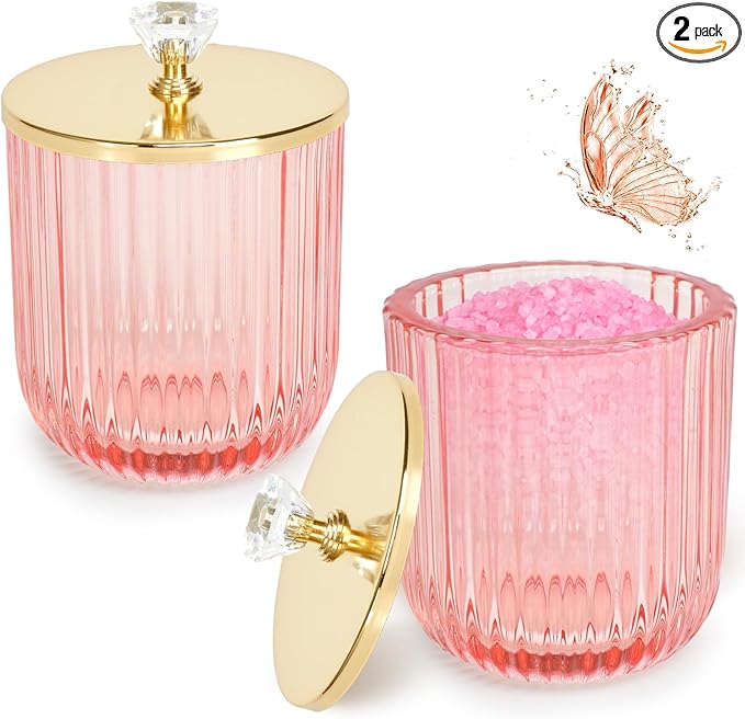 2PCS Qtip Holder Dispenser Set, Cute Glass Apothecary Jars with Lid, Pink Cotton Ball Pad Round Container Holders and Vanity Canister Storage Jar for Makeup Sponges, Floss, Hair Accessories