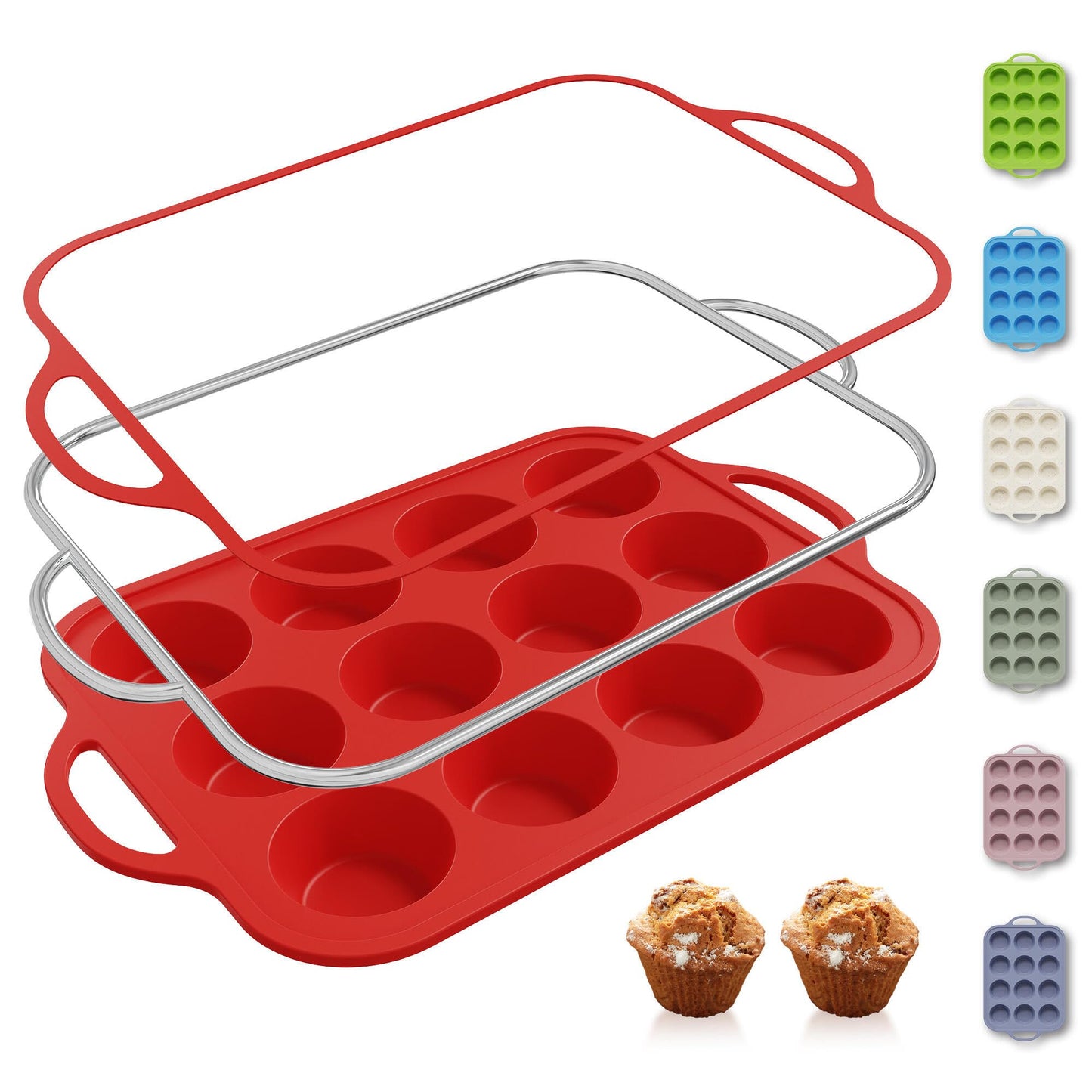 2 Packs 12 Cups Silicone Muffin Pan for Baking with Metal Reinforced Frame Regular Size Cupcake Pan Tray Chocolate Egg Pizza Bites Oven Top Cookie Molds Muffin Tin Tart Pans Sheet Set Bakeware Liner