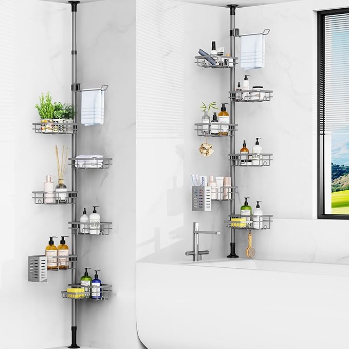 Corner Shower Caddy Organizer Tension Pole, Adjustable 6 Shower Shelves Corner Shelf 30-120Inch Rustproof Shower Rack for Inside Shower, Extra Towel Bar Soap Dish Bathroom Organizers and Storage Gray