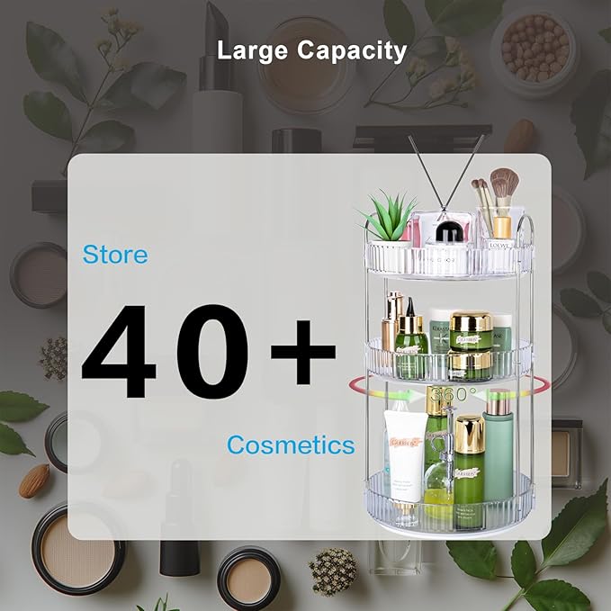 360 Rotating Makeup Organizer, 3 Tier Large Capacity Lazy Susan Bathroom Counter Organizer, Skincare Organizers, Spinning Perfume Organizer & Vanity Organizer Countertop (Silver Clear, 3 Tier)