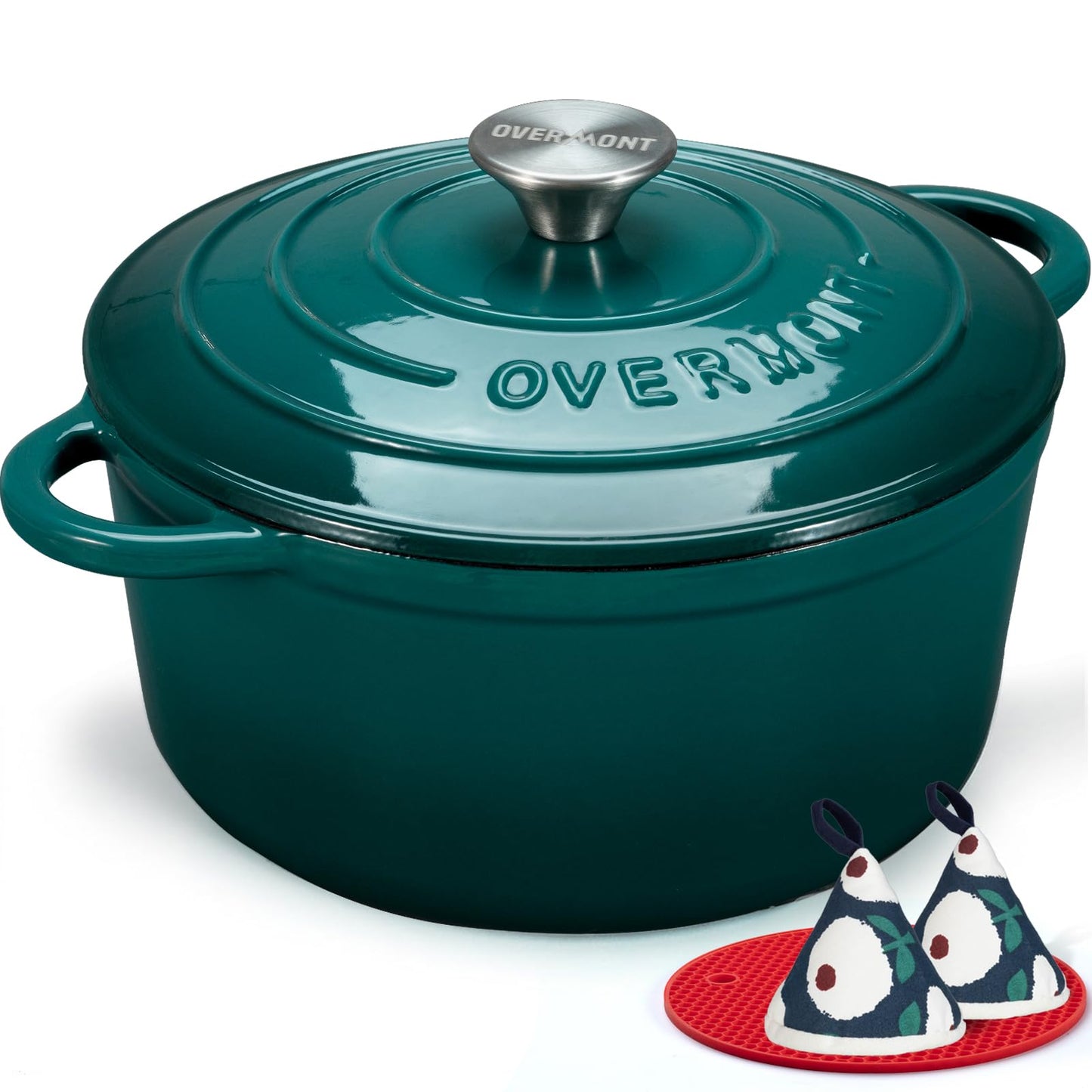 Overmont Enameled Cast Iron Dutch Oven - 5.5QT Pot with Lid Cookbook & Cotton Potholders - Heavy-Duty Cookware for Braising, Stews, Roasting, Sourdough Baking Verdant