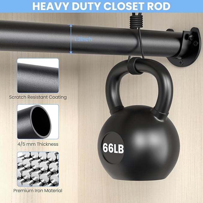 Closet Rods for Hanging Clothes, 17 to 39 Inch Stepless Adjustable Closet Rod, 1.3 Inch Diameter Metal Heavy Duty Closet Hanging Rod for Closet Wardrobes Laundry RV, Black
