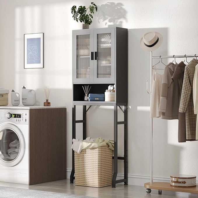 USHOWER Over The Toilet Storage Cabinet, Bathroom Organizers and Storage with Tempered Glass Doors, Thicken Metal Stand & MDF Wood Above Toilet Storage Cabinet, Freestanding Space Saver, Black
