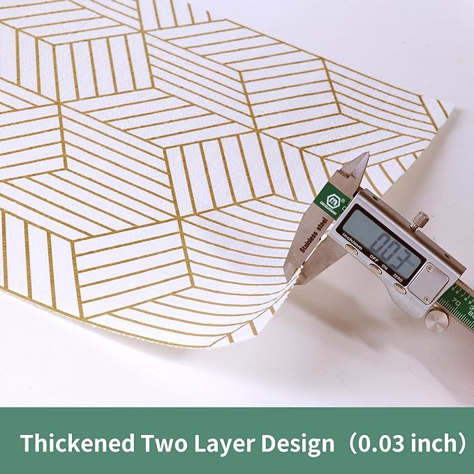 Shelf Liners for Kitchen Cabinets 23.6in x 49.21FT, Non Adhesive Cabinet Liner Strong Non-Slip Thickened Gold Geometric Drawer Liner, Easy to Clean for Shelf, Cabinet with Knife and Tape Measure