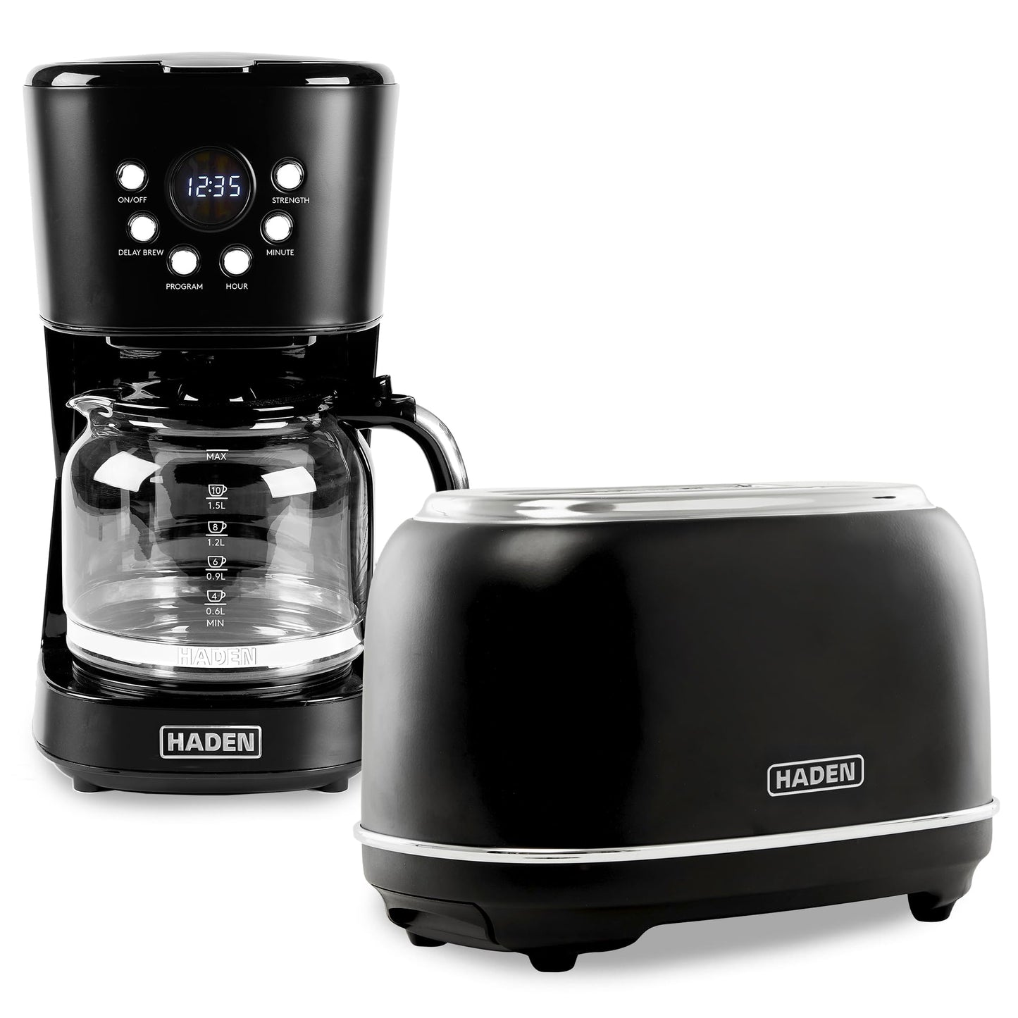 Haden 12 Cup Programmable Drip Coffee Maker Coffee Machine Bundled with Dorset 2 Slice Wide Slot Stainless Steel Toaster, Putty & Chrome