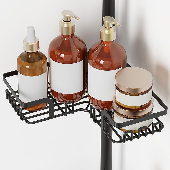 ZUNTO Tension Pole Shower Caddy Corner for Bathroom, Adjustable 25in-114in Floor to Ceiling, Standing Shower Tension Rod Organizer, 4 Tier Storage Shelves with Hooks, Black