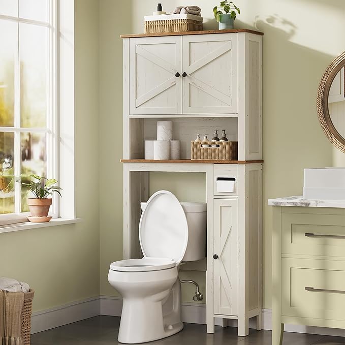 VASAGLE LIRY Collection - Over-The-Toilet Storage Cabinet, 31.3-Inch Wide Farmhouse Bathroom Organizer, Barn Doors, Toilet Paper Holder, Adjustable Shelves, Space-Saving, Rustic White UBTS027WJ01S