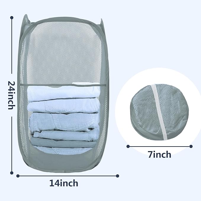 Pop Up Laundry Hamper, Mesh Laundry Basket Collapsible, Foldable Hamper for Travel and Storage (Grey)