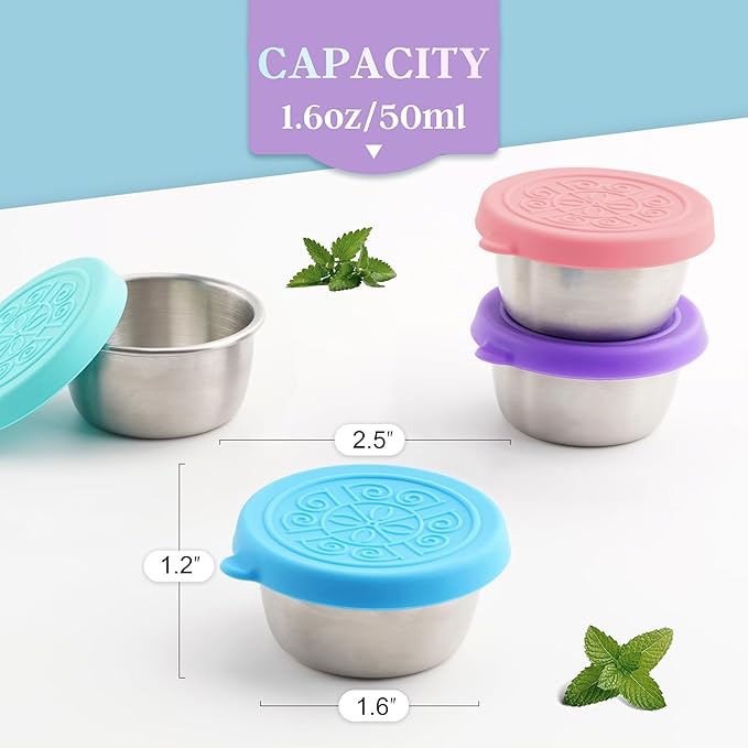 6x1.6 Oz Salad Dressing Containers with Lids, Small Leakproof Reusable Stainless Steel Salad Dressing Container to Go for Lunch Boxes, Sauce containers, Picnics, Travel Meal Prep and Kitchen Storage