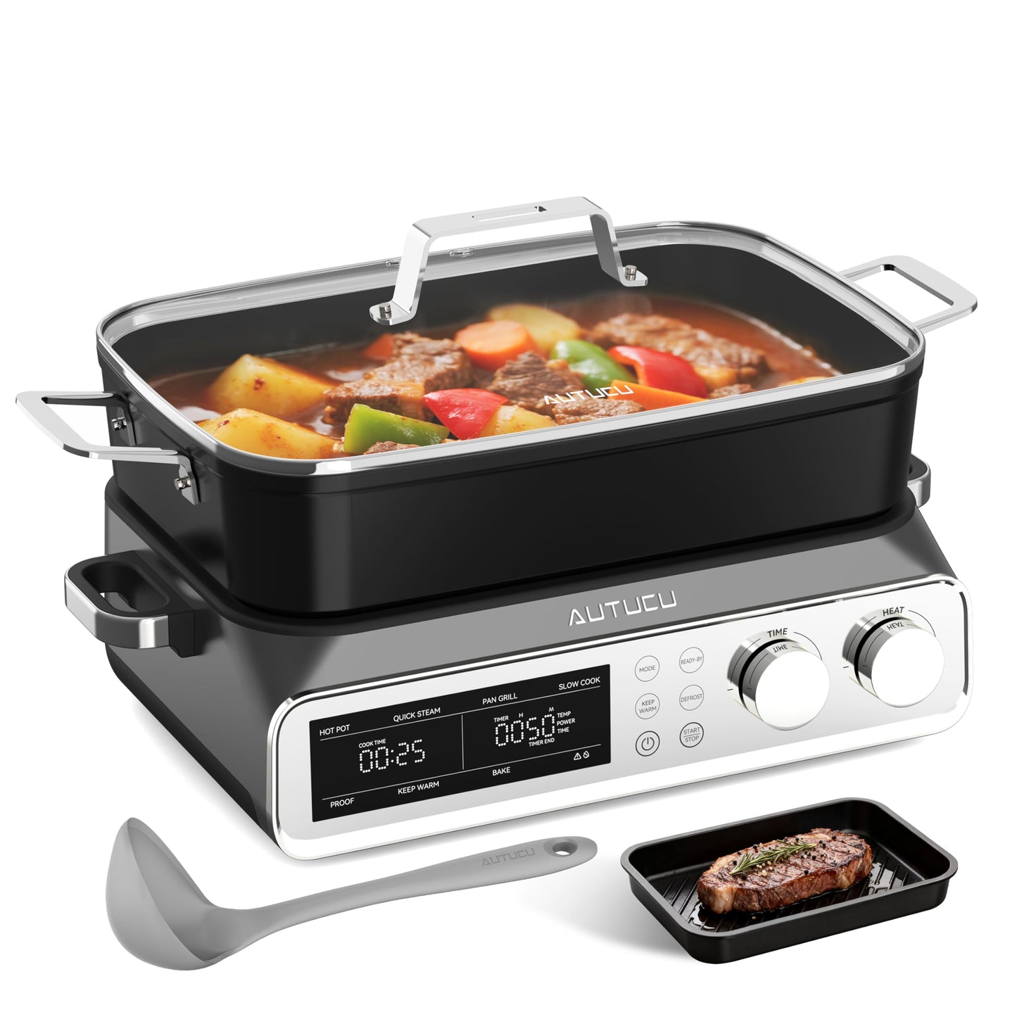 N21NA Pro Slow Cooker 10 Quart, 8-in-1 Programmable PFOA-Free Ceramic Coated Multi-Cooker with Grill Pan, Steaming Plate (Includes Silicone Spoon & Tongs)