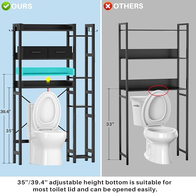 Over The Toilet Storage with 2 Drawers - 7 Tier Bathroom Organizer with Adjustable Shelf, Freestanding Space Saver Storage Rack Above Toilet Stand with 4 Hooks for Restroom, Laundry, Black