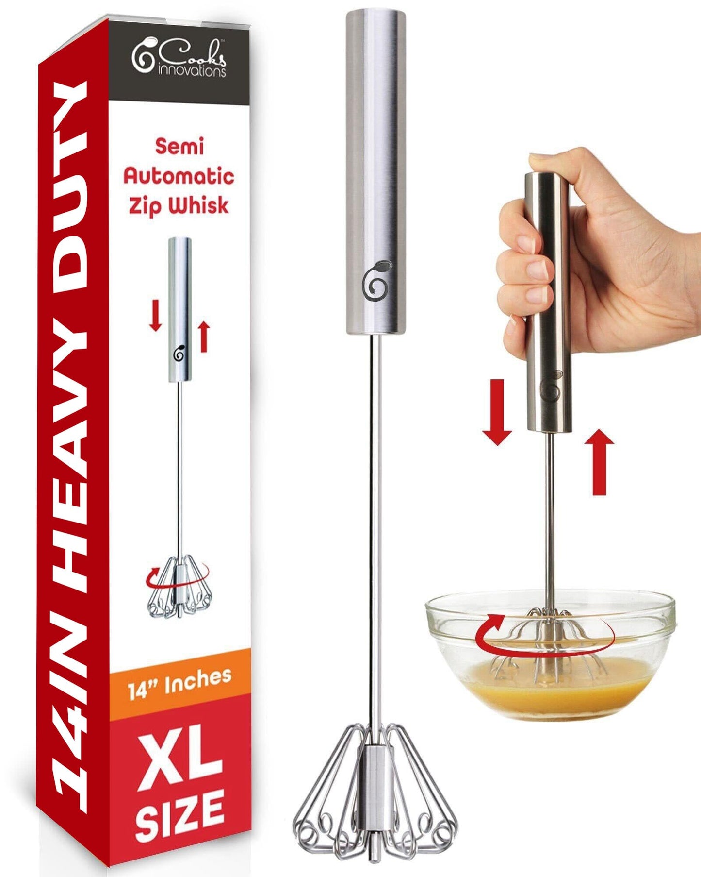 Stainless Steel Push-Down Rotary Egg Beater 14 Inch Hand Whisk Eggs & Milk