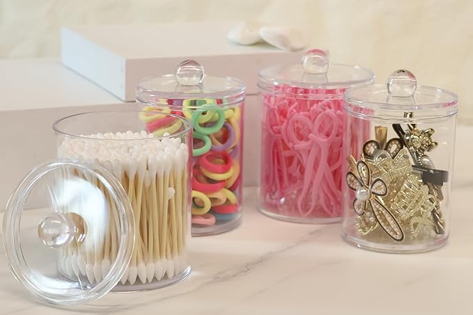 4 Pack Acrylic Qtip Holder Dispenser,Canisters Apothecary Jar Set, Vanity Makeup Storage Organizer Set,10 oz