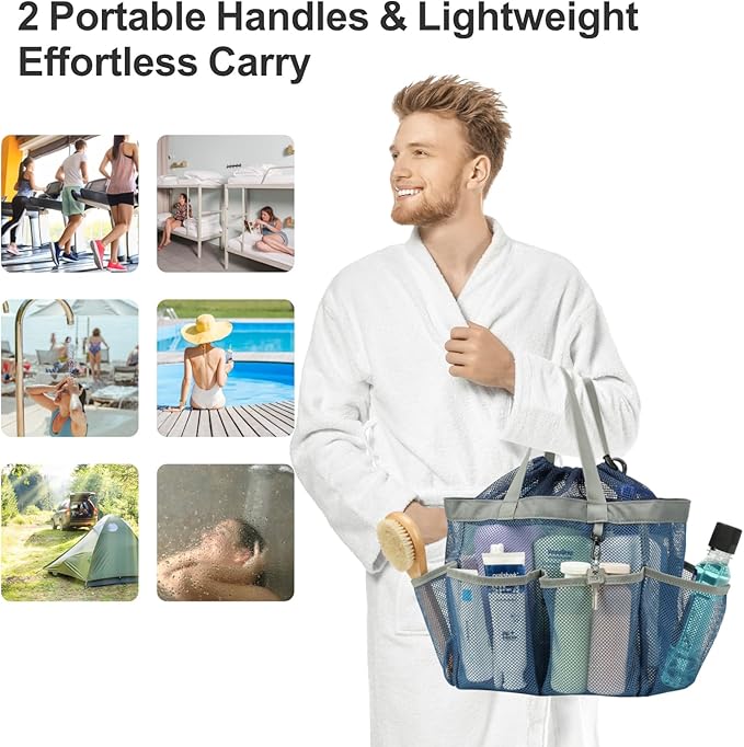 F-color Mesh Shower Caddy Portable with Drawstring - Large 8 Pockets Dorm Room Essentials for Guys Girls with S Hook, Shower Bag Basket Tote for College Camping Gym Travel Toiletry Bathroom, Blue