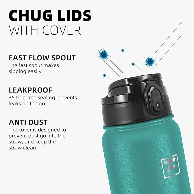 Fanhaw 32 oz Insulated Stainless Steel Water Bottle with Anti-Dust Chug Lid, Leakproof Vacuum Sports Bottle for Men & Women (Green Blue)