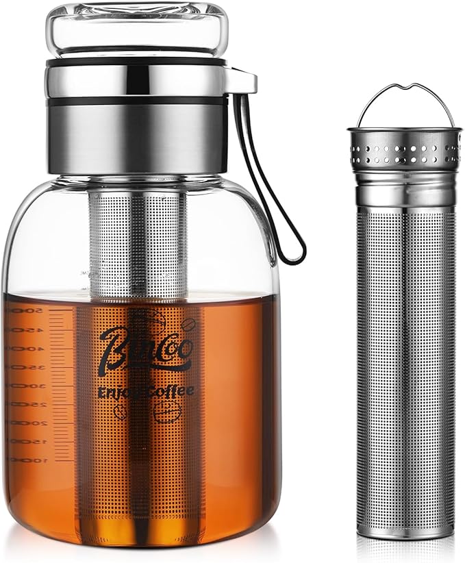 Bincoo Glass Cold Brew Coffee Maker with Extended Fine Mesh Filter, Tea Infuser Bottle Iced Coffee Maker with Thick Borosilicate Glas