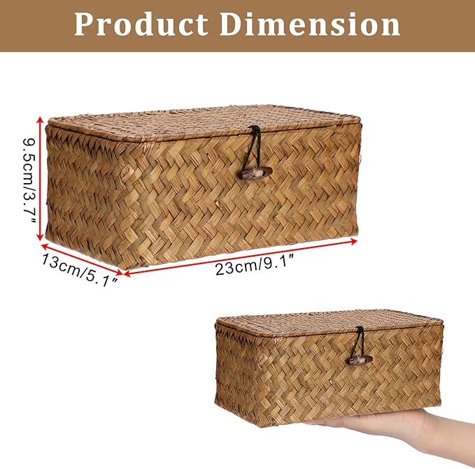 Sumnacon Wicker Basket with Lid Rectangle Woven Baskets for Toiletries Tampon Storage,Wicker Storage Basket with Lid,Decorative Seagrass Storage Baskets for Shelf Bathroom Toilet Table, Caramel