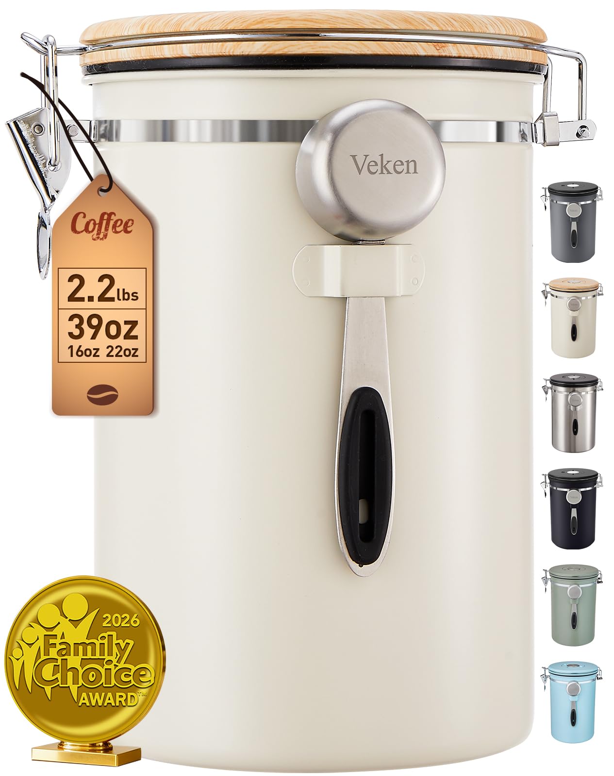 Veken Coffee Canister,39OZ, 2.2lbs,Large Airtight Stainless Steel Container