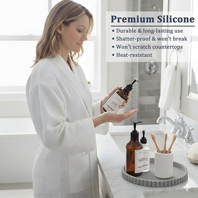 Silicone Bathroom Countertop and Vanity Tray, Round Silicone Bathroom Tray, Modern Bathroom Decor, Coffee Table Decor, Decorative Tray for Candle, Perfume, Plants (Grey, 9 inch)