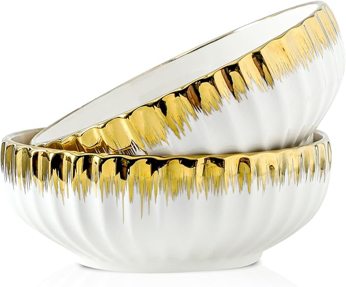 LETAOTAO Serving Bowls, 10 inch Ceramic Salad Bowl with Gold Trim, Set of 2