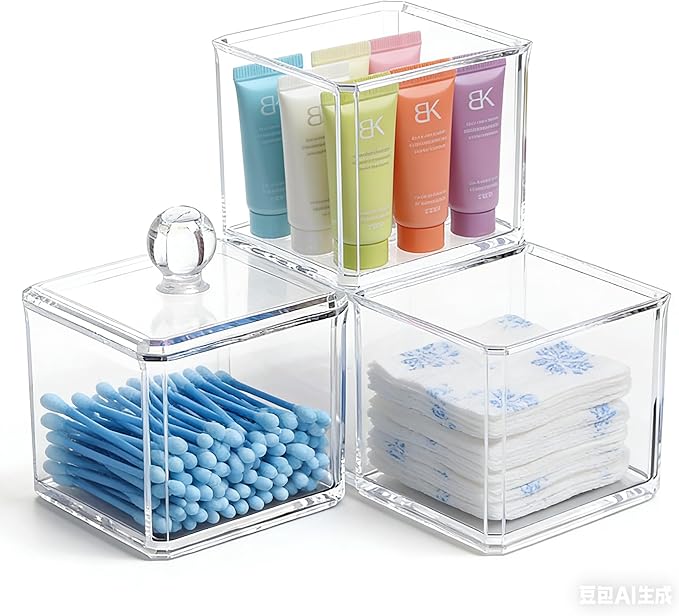 Stackable Square Acrylic Cotton Ball Holder Q-tip Holder Bathroom Swab Dispenser (3-Pack)