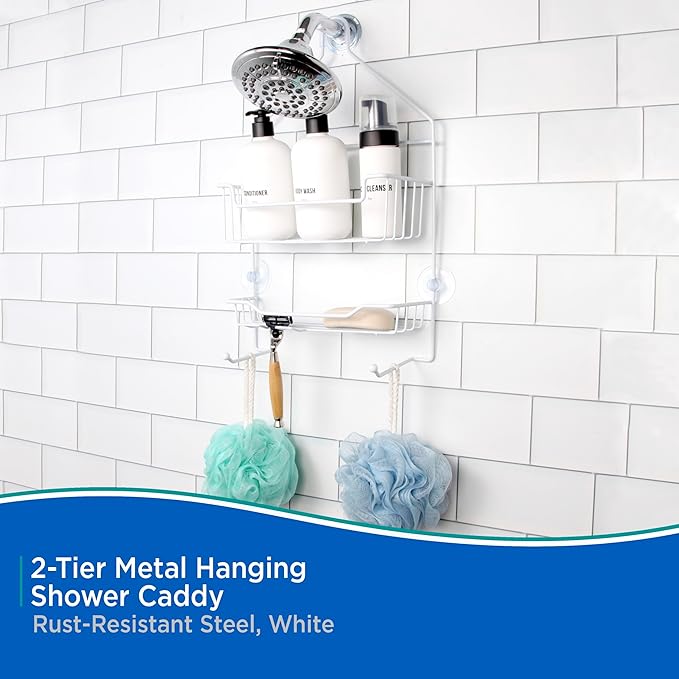 Kenney KN614121 Over the Shower Head 17" L x 10" W x 4" D Rust-Resistant Metal Wire Small 2-Shelf Hanging Caddy with Suction Cups and Razor Holders for Bathroom Shower, White