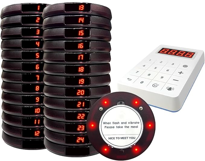 Restaurant Buzzer System, 10 Coaster Beeper Pager System with Buzzer, Customer Queue Pagers Set with Vibration, Flashing and Buzzer, for Food Truck, Church, Nursery