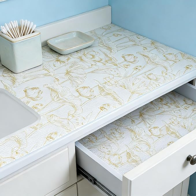 Shelf Liners Non Adhesive Light Base Gold Lotus Pattern - Thickened Non-Slip Easy to Clean Drawer Liner for Kitchen Cabinets, Tool Box, Refrigerator, with Knife & Tape Measure, 12in x 10FT