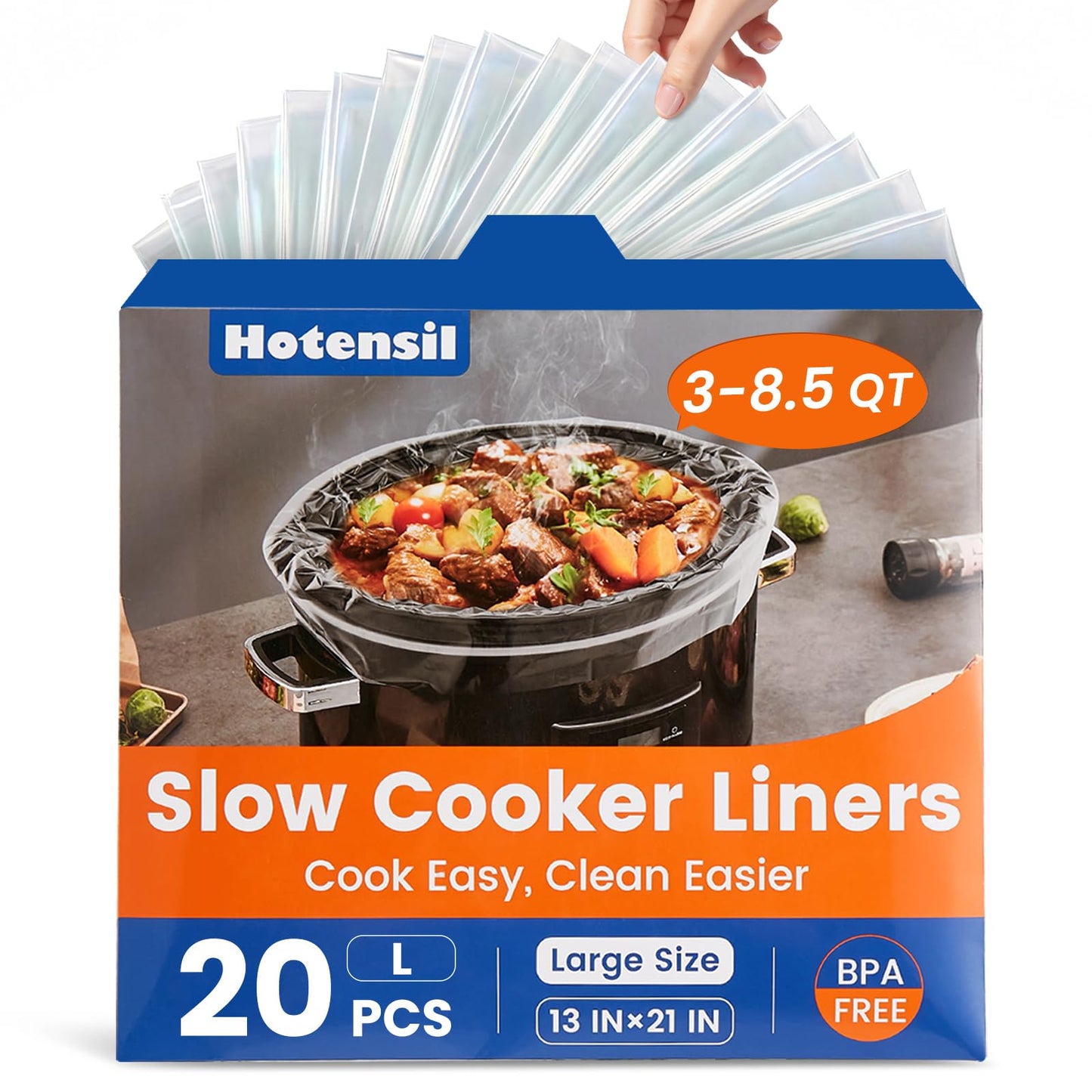 Slow Cooker Liners, Hotensil 13"x 21" 20 Count Cooking Bags Large Size Disposable Pot Liner, Fit 3QT to 8.5QT for Slow Cooker Cooking Trays, Multi-Purpose Durable Liners Plastic Bags, BPA Free
