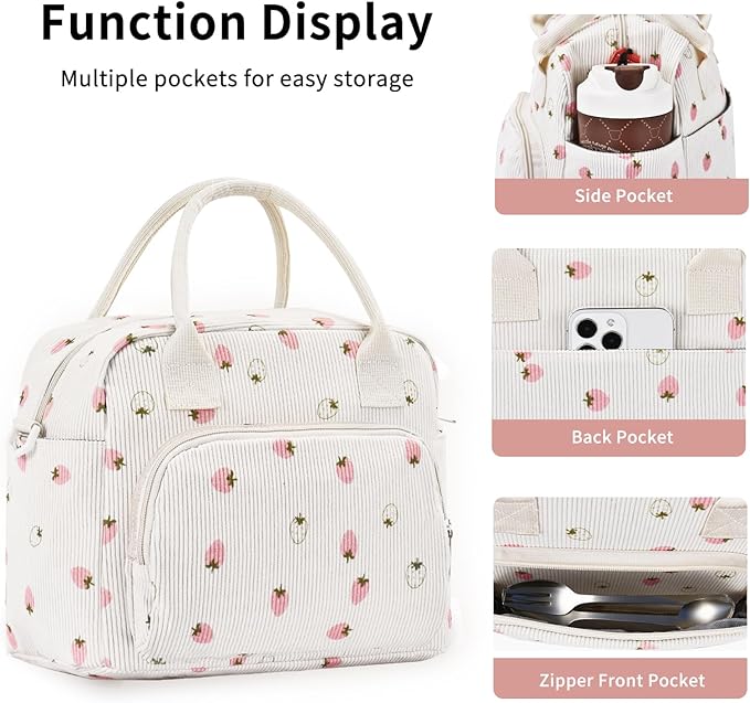 Lunch Bag Women Lunch Box for Women Adult Cute Insulated Lunch Bag Lager Cooler Lunch Tote Bags for Work Picnic (Beige-Light Strawberry)