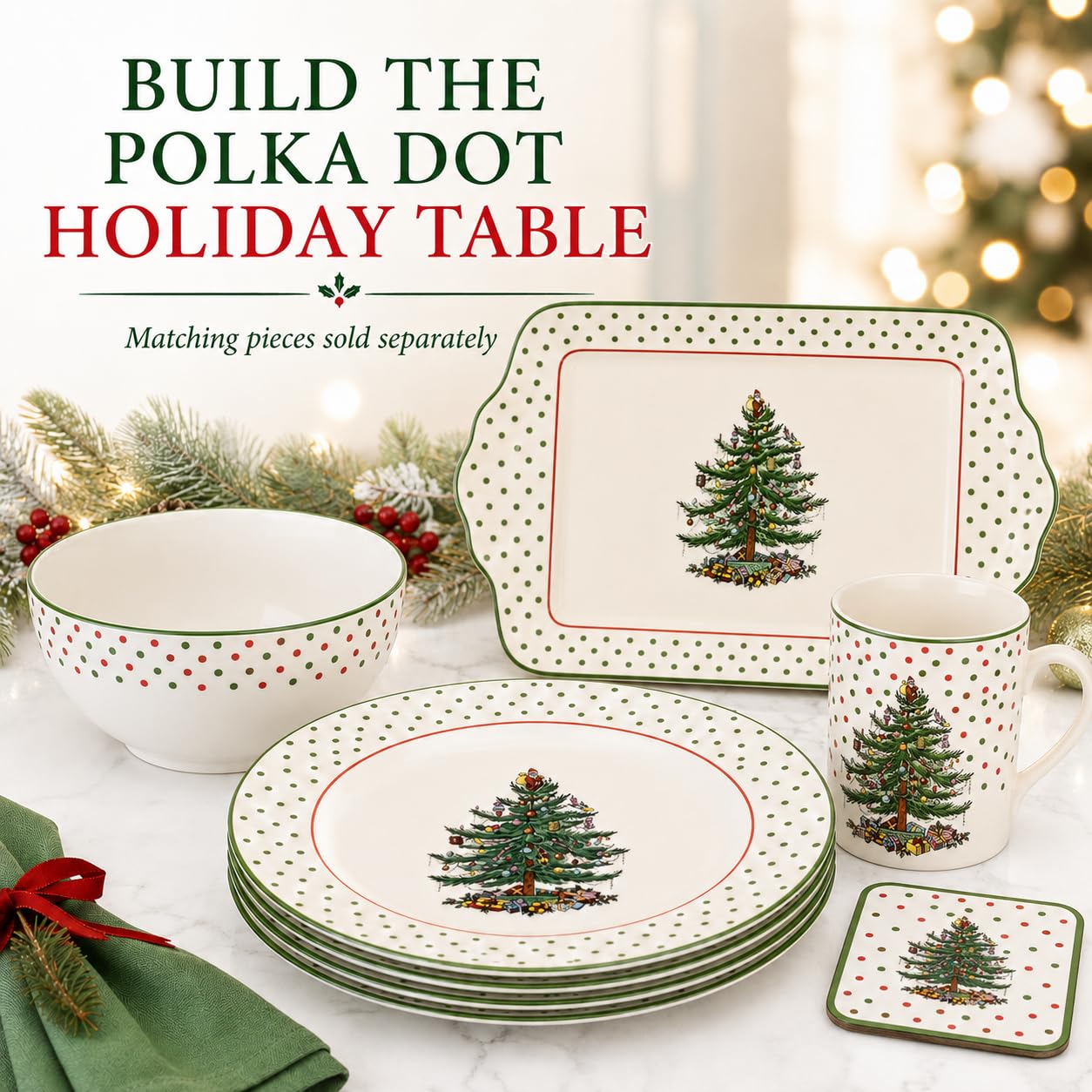 Spode Christmas Tree Polka Dot Dessert Plate (Set of 4) - Festive 8-Inch Stoneware Plates for Holiday Entertaining, Appetizers, Snacks - Microwave, Dishwasher, Freezer Safe Party Appetizer Dishes