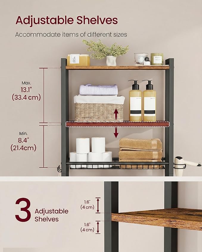 VASAGLE Over The Toilet Storage, Over Toilet Bathroom Organizer with Adjustable Shelves and Basket, 3 Hooks, Space Saving, 9.4 x 23.6 x 63 Inches, Rustic Brown UBTS113KD01S
