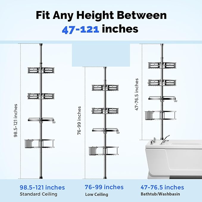 HAMITOR Corner Shower Caddy Tension Pole: Quick Installation 4-Tier Rustproof Bathroom Organizer Shelves for Bathtub Shampoo Storage - 47-121 inch Adjustable Floor Standing Bath Rack Holder Gray