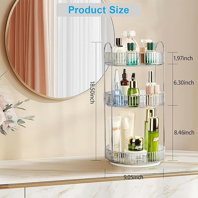 360 Rotating Makeup Organizer, 3 Tier Large Capacity Lazy Susan Bathroom Counter Organizer, Skincare Organizers, Spinning Perfume Organizer & Vanity Organizer Countertop (Classic Grey, 3 Tier)