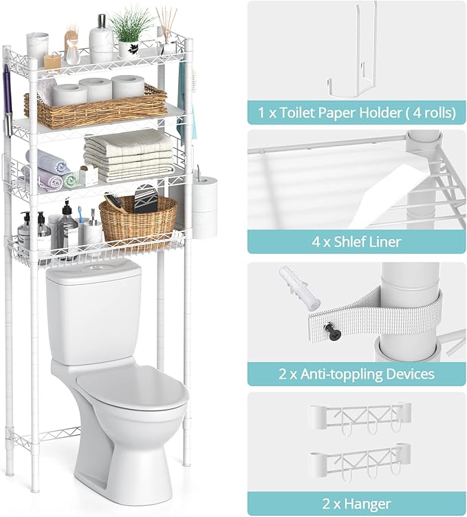 Over The Toilet Storage, Adjustable Bathroom Organizer Shelves Space Saver Over Toilet, Sturdy 4 Tier Above Toilet Storage Rack, Freestanding Over-The-Toilet Storage Shelf, White