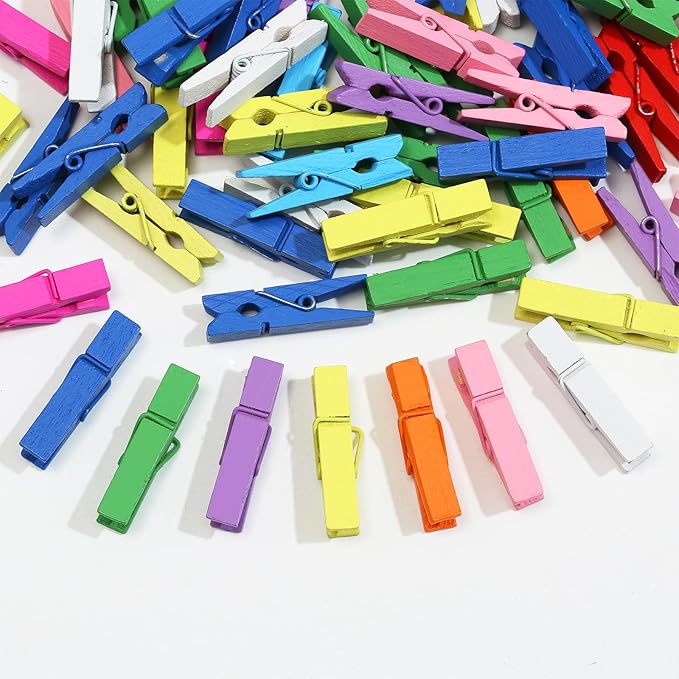 Mini Clothespins for Photos,100pcs Clothes Pins Wooden,Colorful Clothespins with Jute Twine, Small Clothes Pins Tiny Clothespins for Photos, Crafts, Pictures