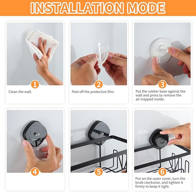 KEGII Shower Caddy Suction Cup, 4 Pack Suction Shower Shelf with Towel Rack No Drilling, Removable Shower Organizer with Hooks & Soap Holder, Space-Saving Bathroom Storage (Black)