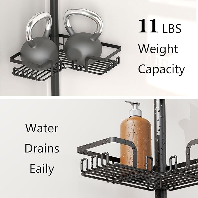 Tension Pole Shower Caddy 5x Stability, Adjustable Floor to Ceiling Shower Organizer, Standing Shower Tension Rod Shelves, 4 Tier Storage Shelves with 2 Soap Holders/Hanging or Adhesive, 25in-114in
