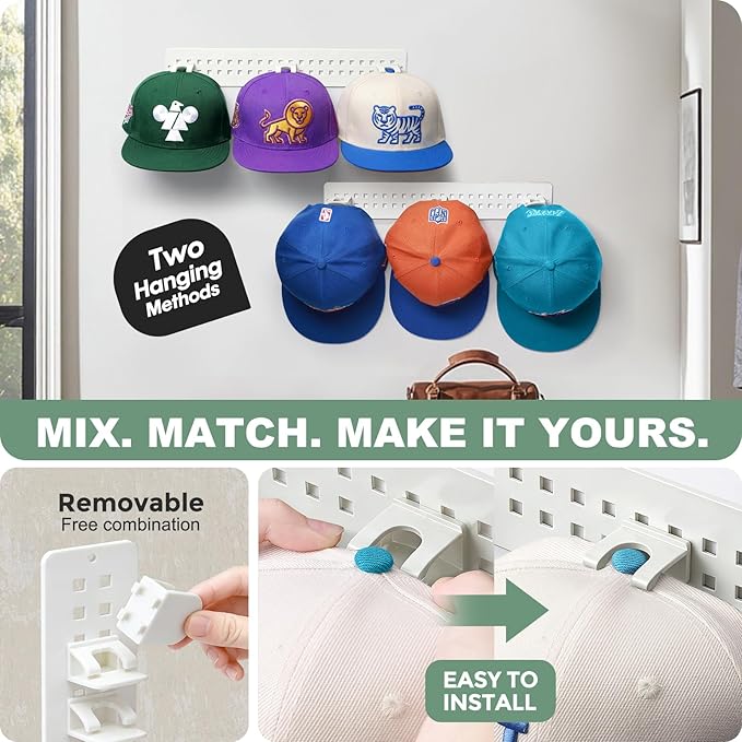 2 Pack Hat Organizer for Baseball Caps, Detachable DIY Hat Rack for Wall Hat Holder Hold up to 22 Hats, Baseball Cap Organizer Cap Holder Hat Hangers for Wall Closet Door Bedroom (C-White)
