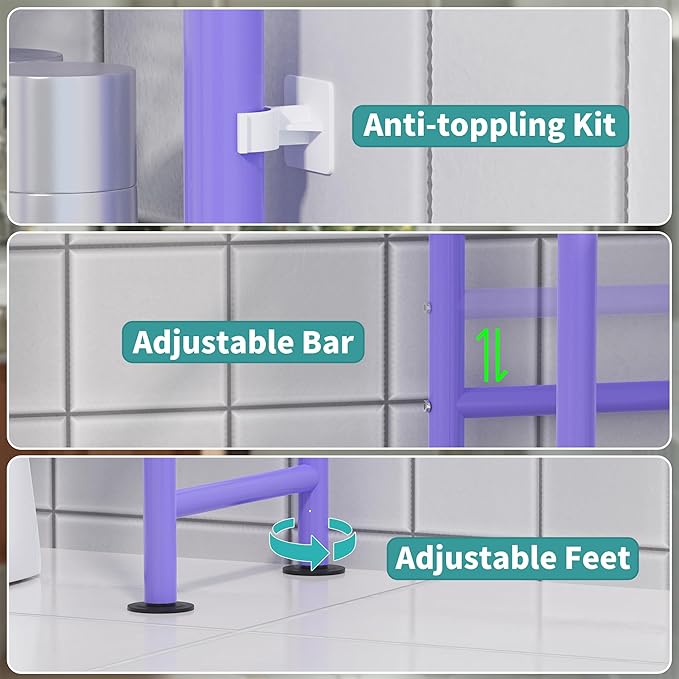3-Tier Over The Toilet Storage with Paper Holder, Metal Bathroom Organizers and Storage for Small Space, Freestanding Bathroom Shelves with 4 Hooks, Above The Toilet Storage Shelf (Purple)
