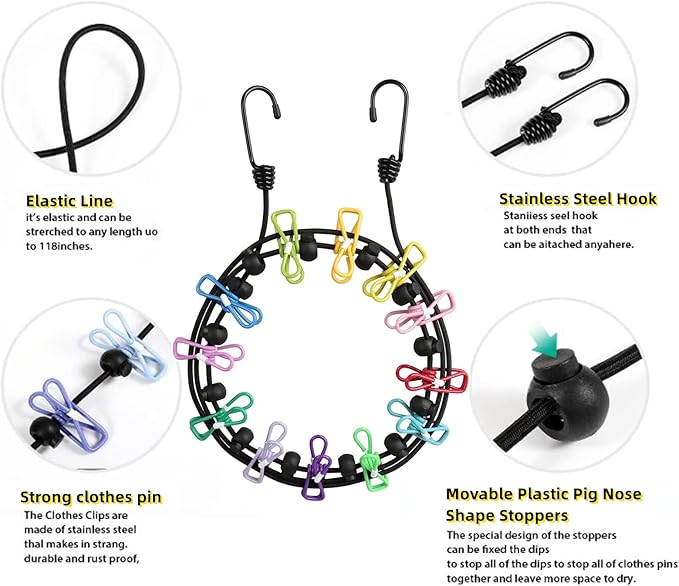 Clothesline，Retractable Portable Clothesline for Travel，Clothing line with 12 Clothes Clips，for Indoor and Outdoor Laundry Drying line，Outdoor Camping Accessories