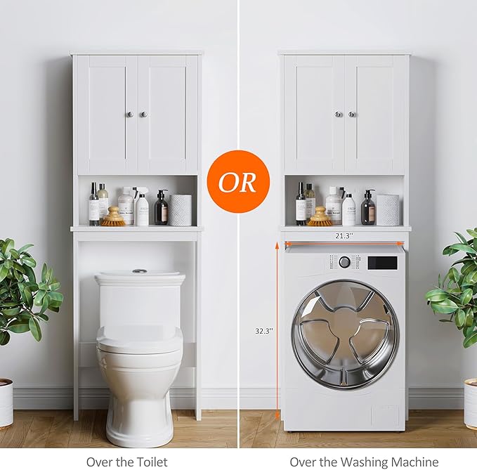 Meilocar Over The Toilet Storage Cabinet, Bathroom Storage Organizer Over Toilet, Space Saver W/Adjustable Shelf & Open Shelf, White