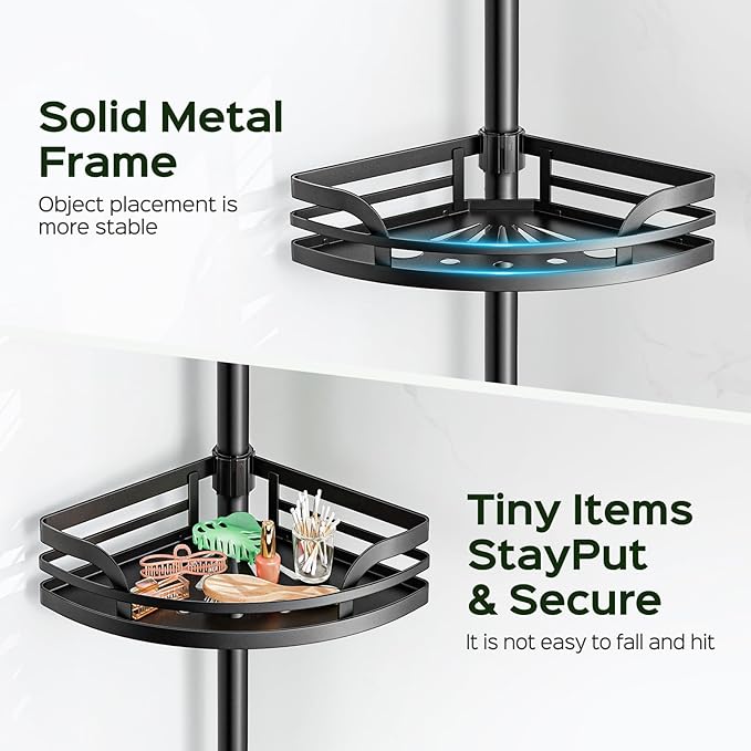 HAMITOR Shower Caddy Tension Pole: Rustproof Bathroom Corner Shelf for Renters, 47-121inches Adjustable Organizer with Soap Holder-Large Capacity Rack for Shampoo Storage Home Accessory - Black