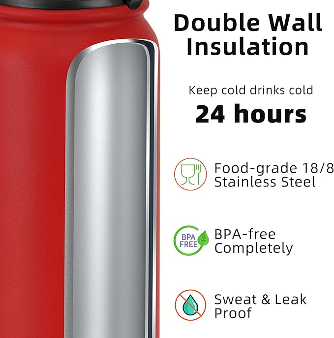 Fanhaw 20 oz Insulated Stainless Steel Water Bottle with Anti-Dust Chug Lid, Leakproof Vacuum Metal Bottle for Kids, Women & Men (Red)