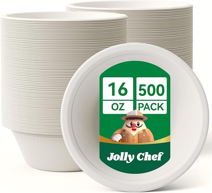 JOLLY CHEF Compostable Disposable Paper Bowls [16 oz] Heavy Duty Soup Uncoated Containers [150 Pack] Biodegradable Bagasse Hot Cold Eco-Friendly Natural Sugarcane Microwavable for Dessert Christmas