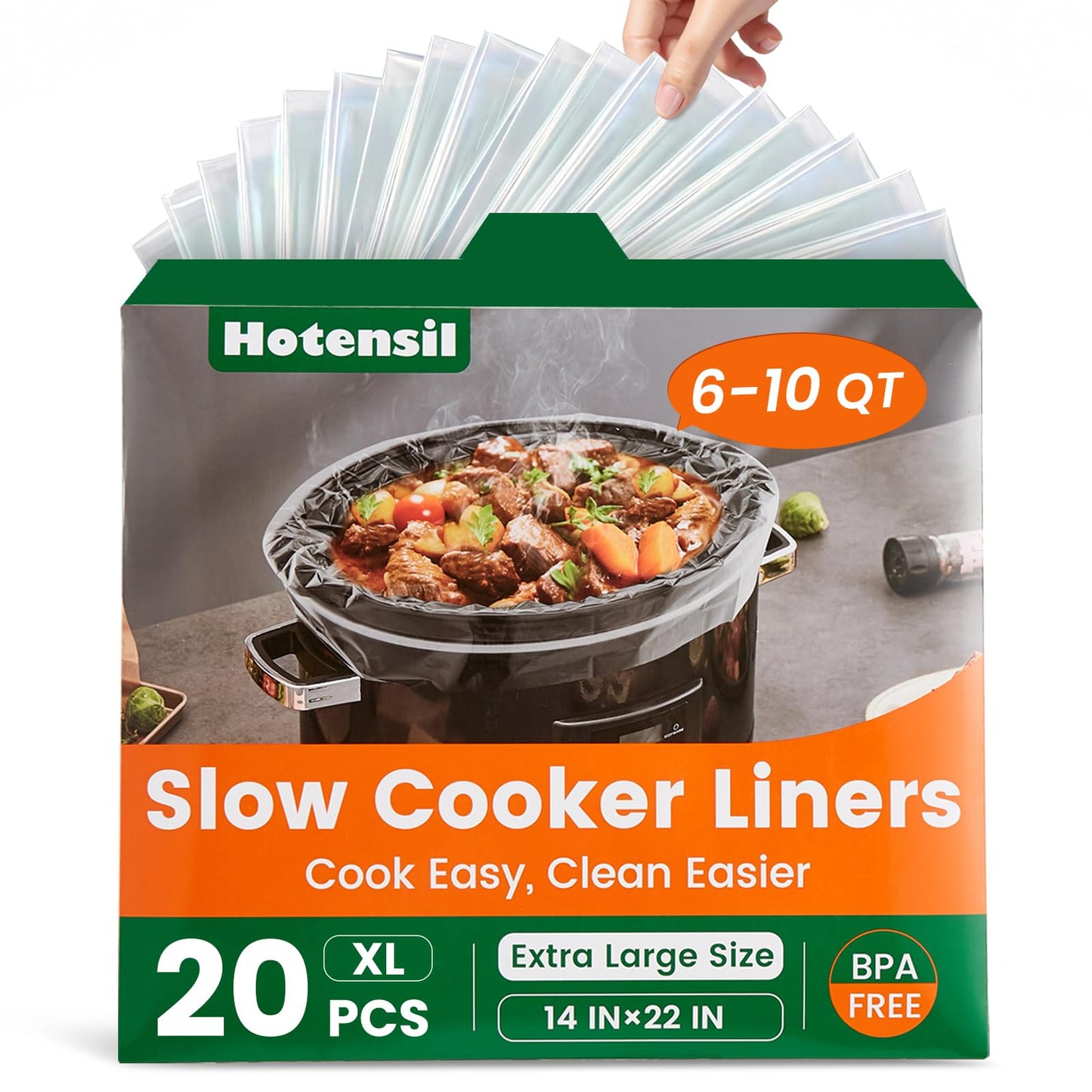 Slow Cooker Liners, Hotensil 13"x 21" 20 Count Cooking Bags Large Size Disposable Pot Liner, Fit 3QT to 8.5QT for Slow Cooker Cooking Trays, Multi-Purpose Durable Liners Plastic Bags, BPA Free