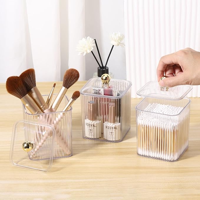 Tbestmax 3 Pack Qtip Holder Dispenser Clear Bathroom Organizer Jar Cotton Swab/Pad/Ball Holder Container Cosmetics Storage for Vanity