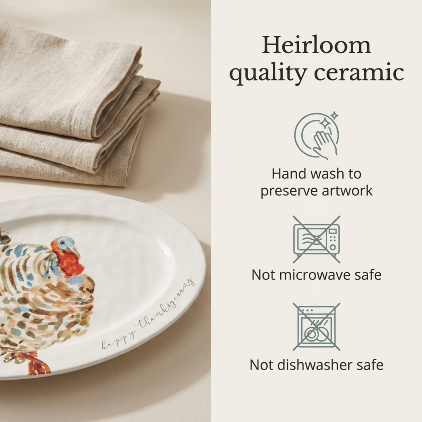 Mud Pie Turkey Platter, Large Thanksgiving Serving Platter, White Ceramic