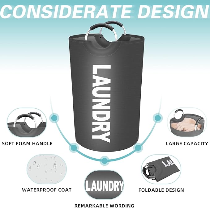 StorageRight 115L Large Laundry Basket, Laundry Hamper, Dirty Clothes Hamper for Laundry, Collapsible, Waterproof Laundry Baskets with Foam Protected Aluminum Handles for Laundry, Dorm, Family (Grey)